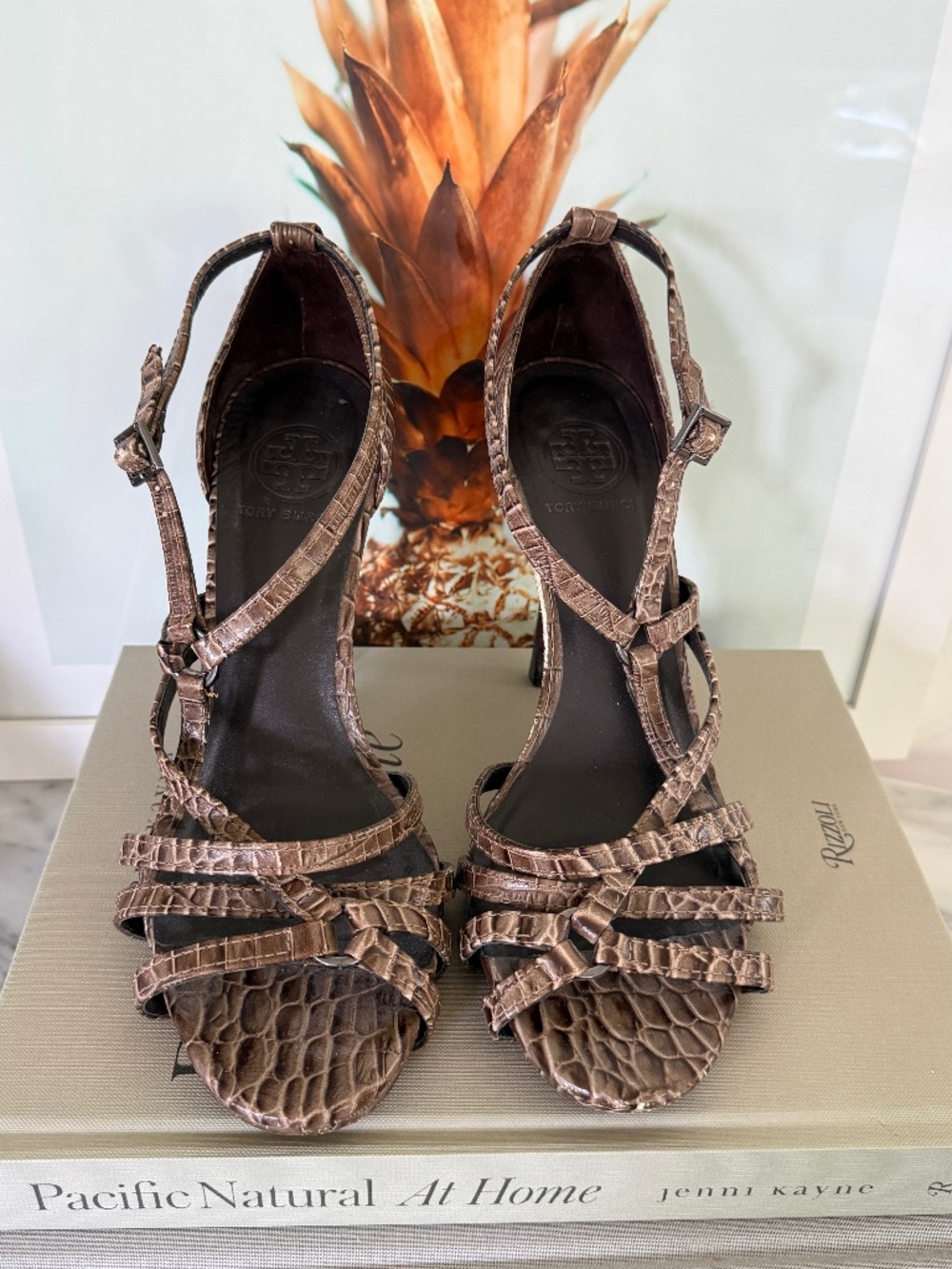 Tory Burch Elizabella Brown Croc Embossed Leather Stilletos-Size 9.5